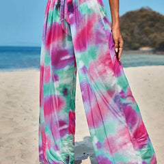 Print Cover Up Pants Wide Legs Semi Sheer Beachwear Trousers