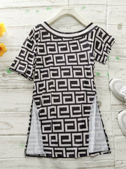 Greek Print Split Top & Solid Shorts Set Women's Outfit