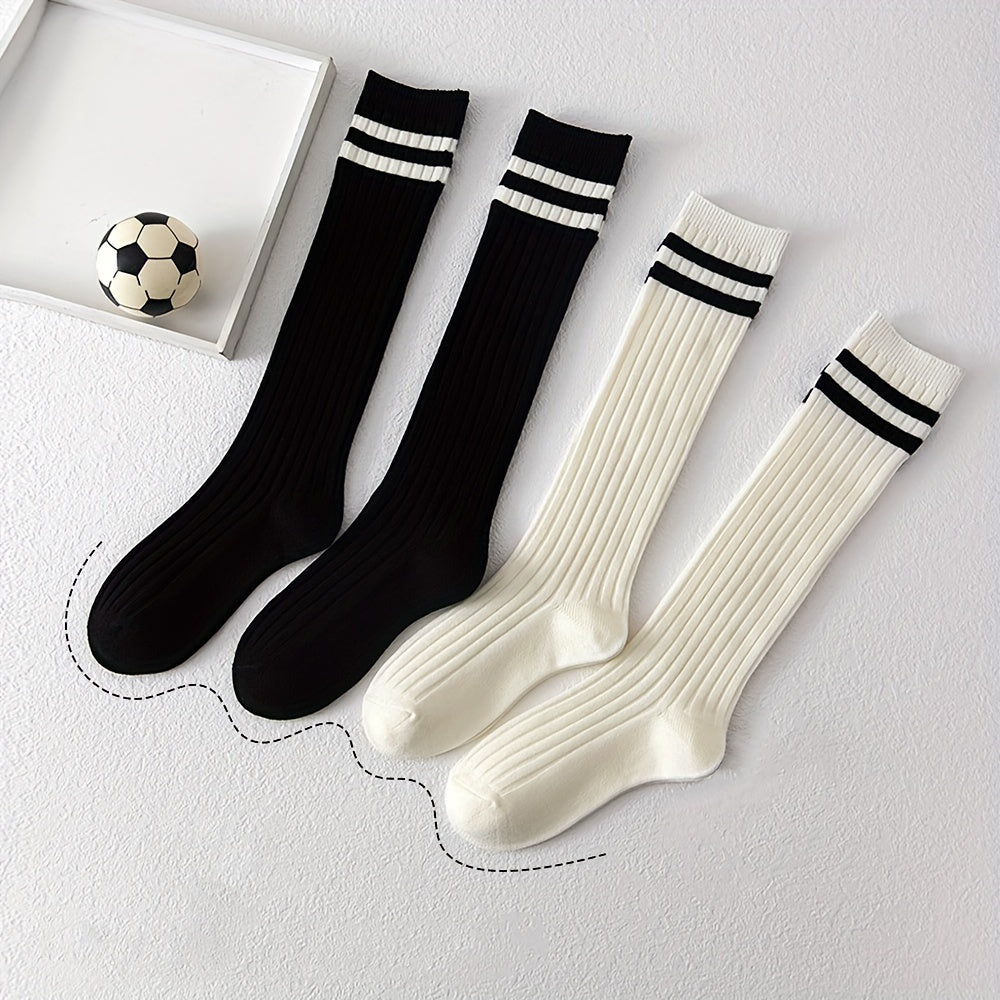 2 Pairs Kids Striped Cotton Knee High Socks for School Uniforms