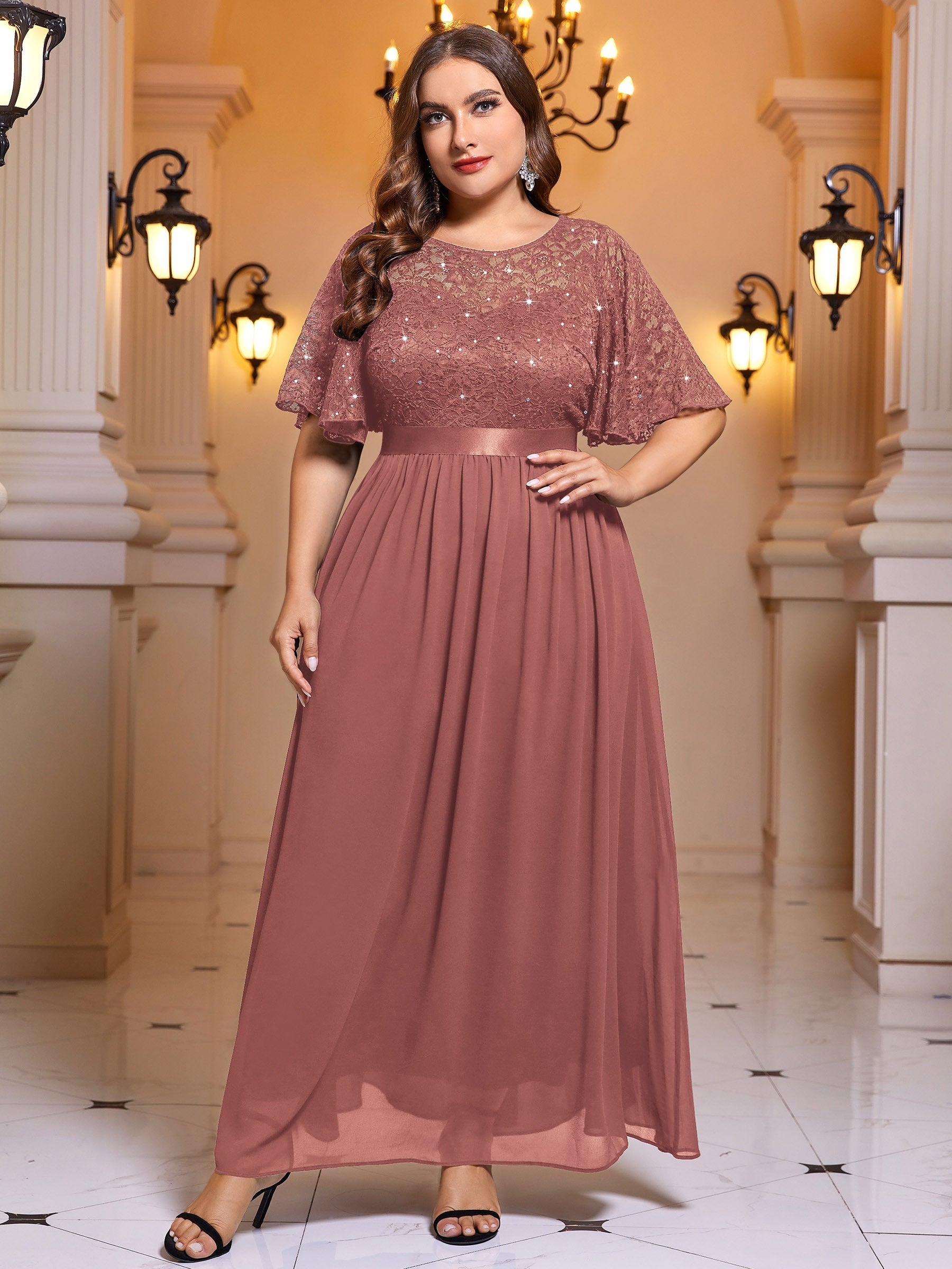 Sequin Lace Flutter Sleeve Maxi Bridesmaid Dress