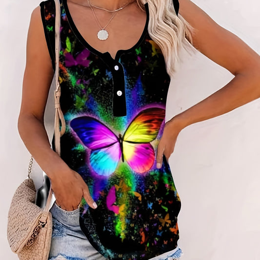 Tie Dye Butterfly Print Tank Top Round Neck Button Up Medium Stretch