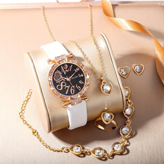 1pc Student Digital Rhinestone Quartz Watch & 5pcs Children's Jewelry Set