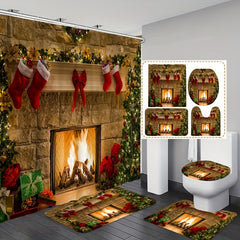 Christmas Fireplace Shower Curtain Set with 12 Hooks