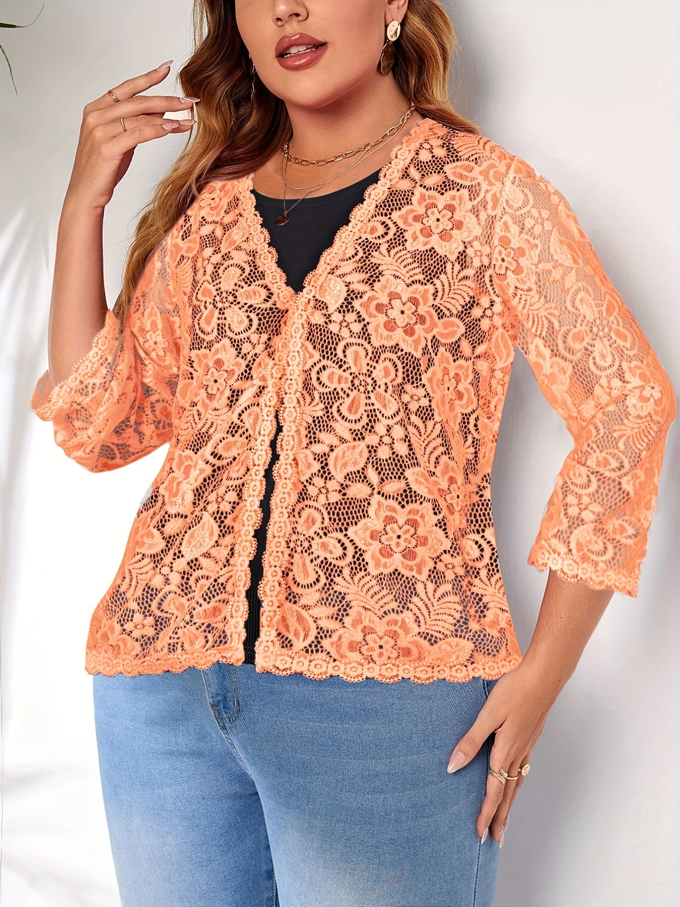 Women's Plus Floral Jacquard Crochet Long Sleeve Cardigan