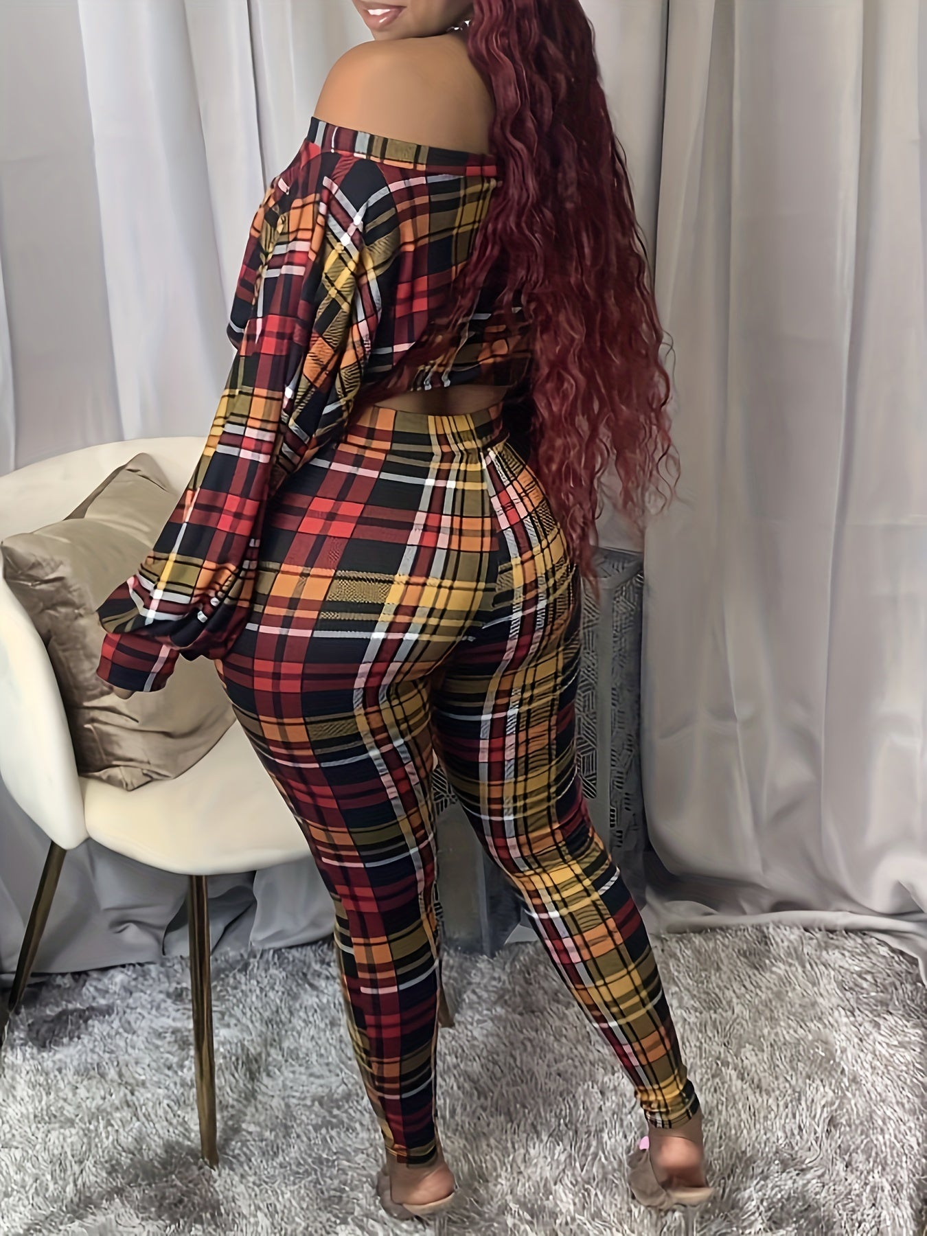 Plaid Twist Front Off Shoulder Crop Top & Leggings Set