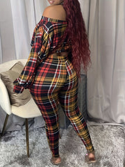 Plaid Twist Front Off Shoulder Crop Top & Leggings Set