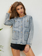 Women's Denim Jackets Round Neck Long Sleeves Coats