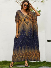 Boho Kaftan Dress Women's Plus Tribal Print Bat Sleeve