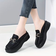 Women's Platform Mules Loafers Round Toe Slip On Shoes