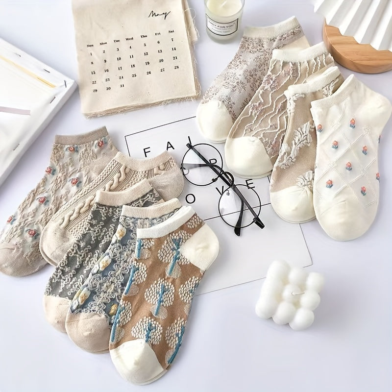 9 Pairs Floral Print Low Cut Ankle Socks Retro Style Soft & Lightweight