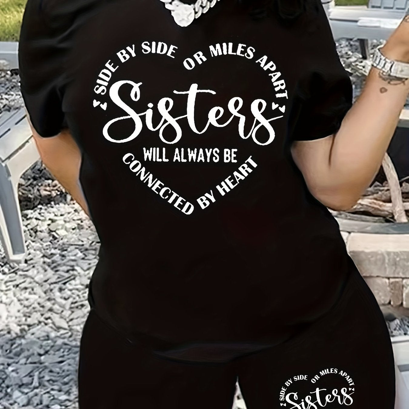 Heart & Slogan Print 2 Piece Set Women's Plus Crop Top & Shorts