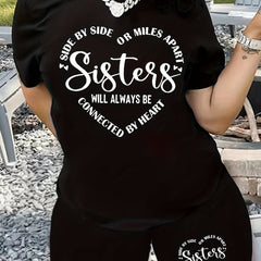 Heart & Slogan Print 2 Piece Set Women's Plus Crop Top & Shorts