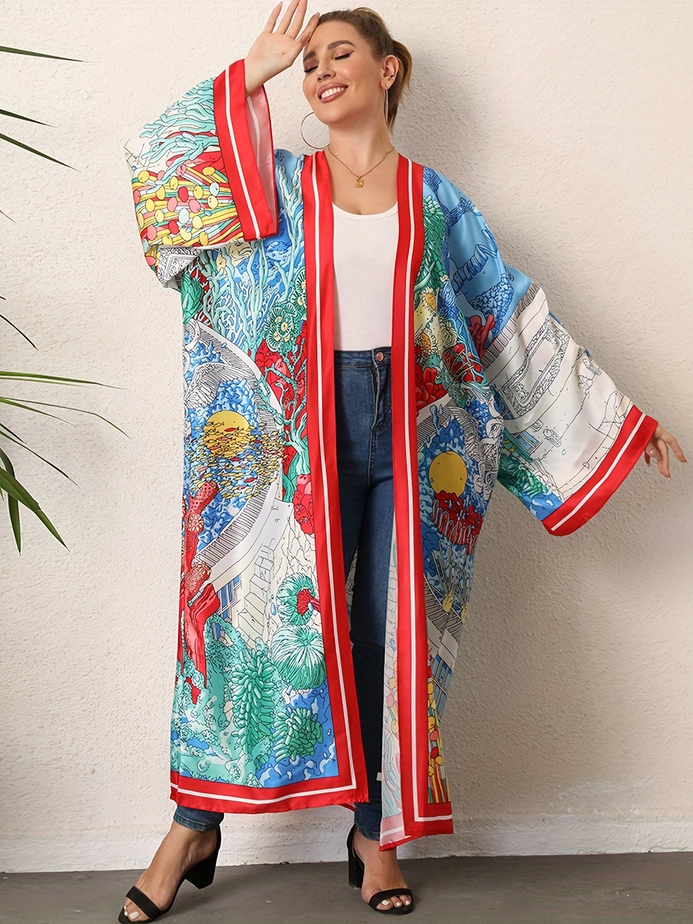 Boho Kimono Women's Plus Colorblock Print Long Sleeve Cover Up