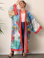 Boho Kimono Women's Plus Colorblock Print Long Sleeve Cover Up
