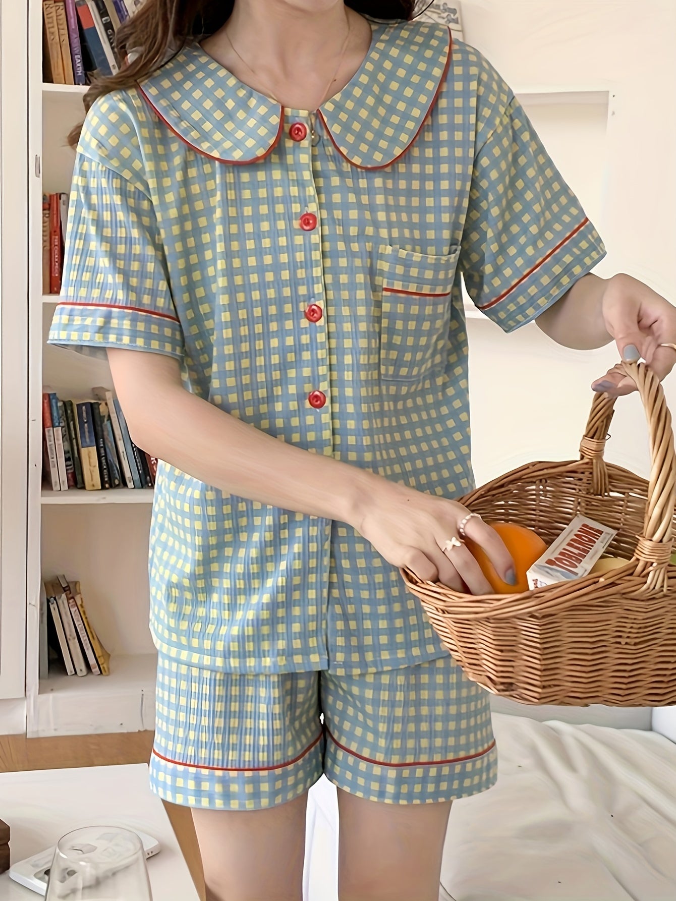 Plaid Pajama Set Short Sleeve Top & Shorts Women's Sleepwear