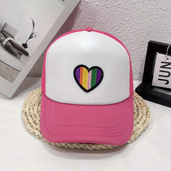 Striped Heart Embroidered Baseball Cap Trucker Hat Mesh Sun Hats Women