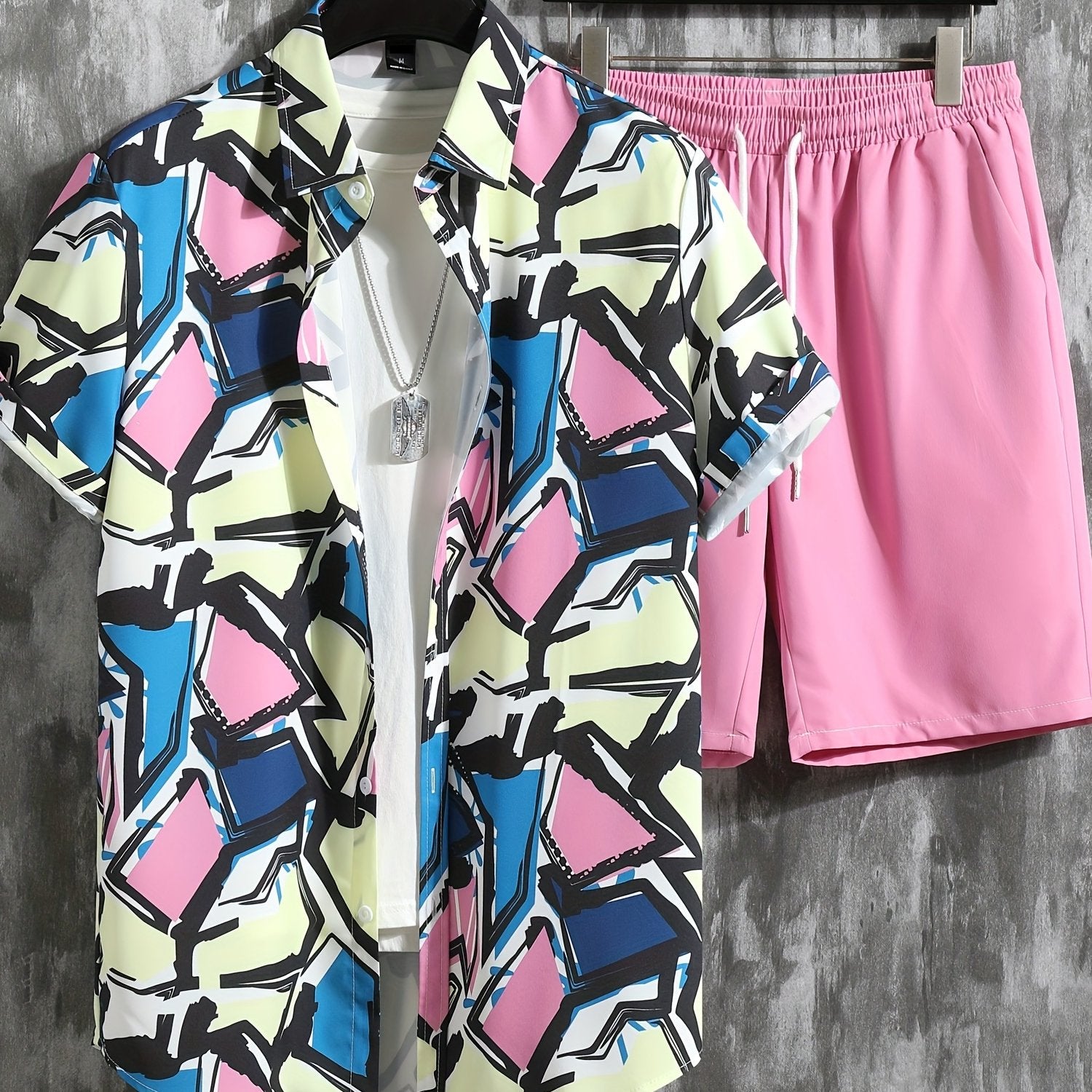 Geometric Print Men's 2Pcs Outfits Casual Button Up S