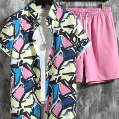 Geometric Print Men's 2Pcs Outfits Casual Button Up S