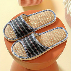 Men's Plaid Linen Non Slip Open Toe Slides For Indoor Home House Shoes