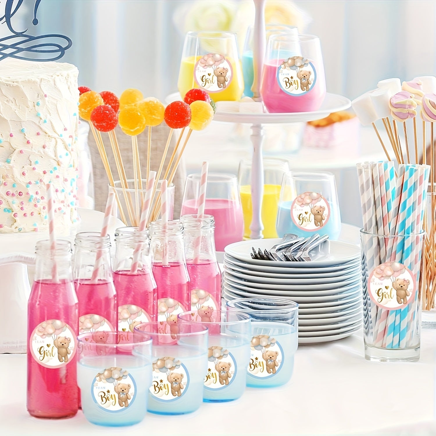 80pcs Bear Stickers Gender Reveal Boy Girl Paper Decals Pink Adhesive Round