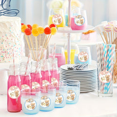 80pcs Bear Stickers Gender Reveal Boy Girl Paper Decals Pink Adhesive Round