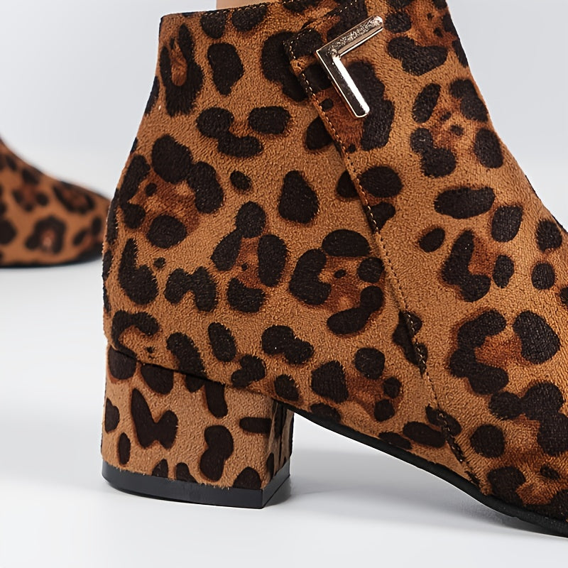 Leopard Chunky Heel Short Boots Women's Ankle Boots Pointed Toe Zip