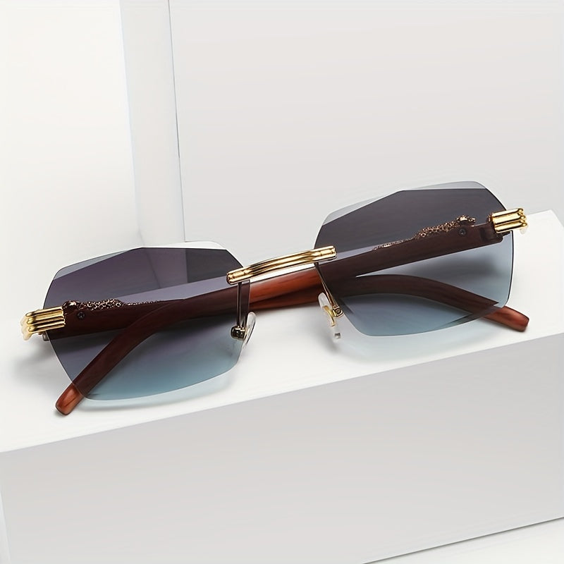 Men's Wood Print Leopard Head Rimless Sunglasses Square Frame Glasses
