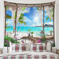 Seaside Window Scenery Tapestry Beach View Home Decor Dorm Room