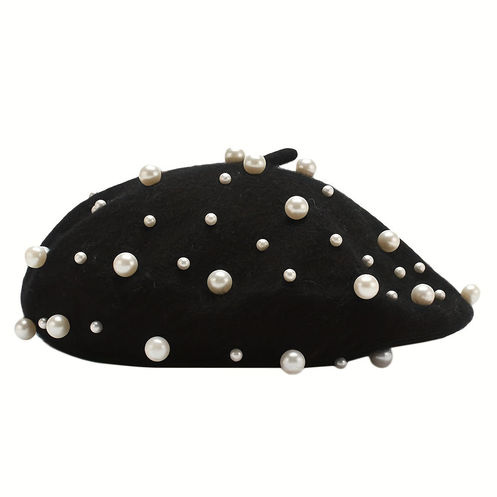 Women's Wool Knitted Beret with Pearl Bead Decoration