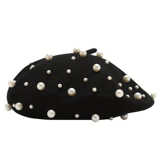 Women's Wool Knitted Beret with Pearl Bead Decoration