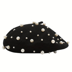 Women's Wool Knitted Beret with Pearl Bead Decoration