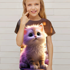 Cat Graphic Short Sleeve T-Shirt for Girls Summer Sports Gift