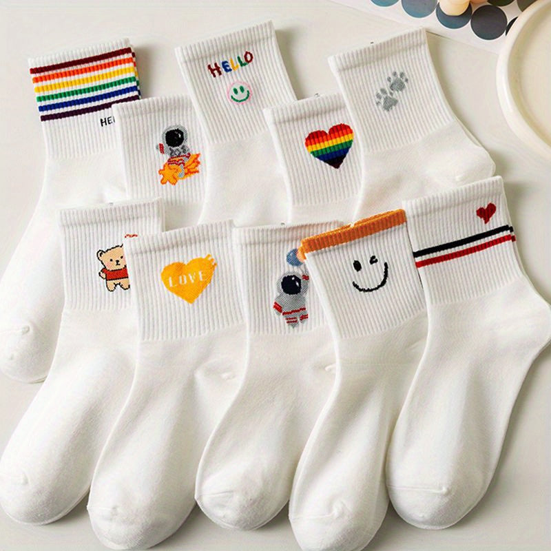 Girls Cartoon Striped Crew Socks Cotton Thin Breathable Comfy Kids Socks