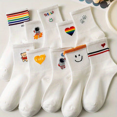 Girls Cartoon Striped Crew Socks Cotton Thin Breathable Comfy Kids Socks