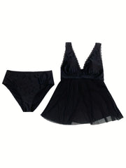 Contrast Mesh Tankini Set