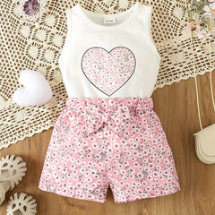 Toddler Girl's Floral Heart Print Romper with Belted Shorts