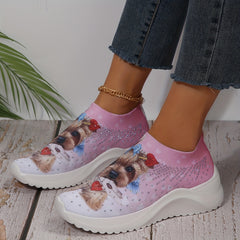 Cartoon Dog Print Rhinestone Mesh Running Shoes