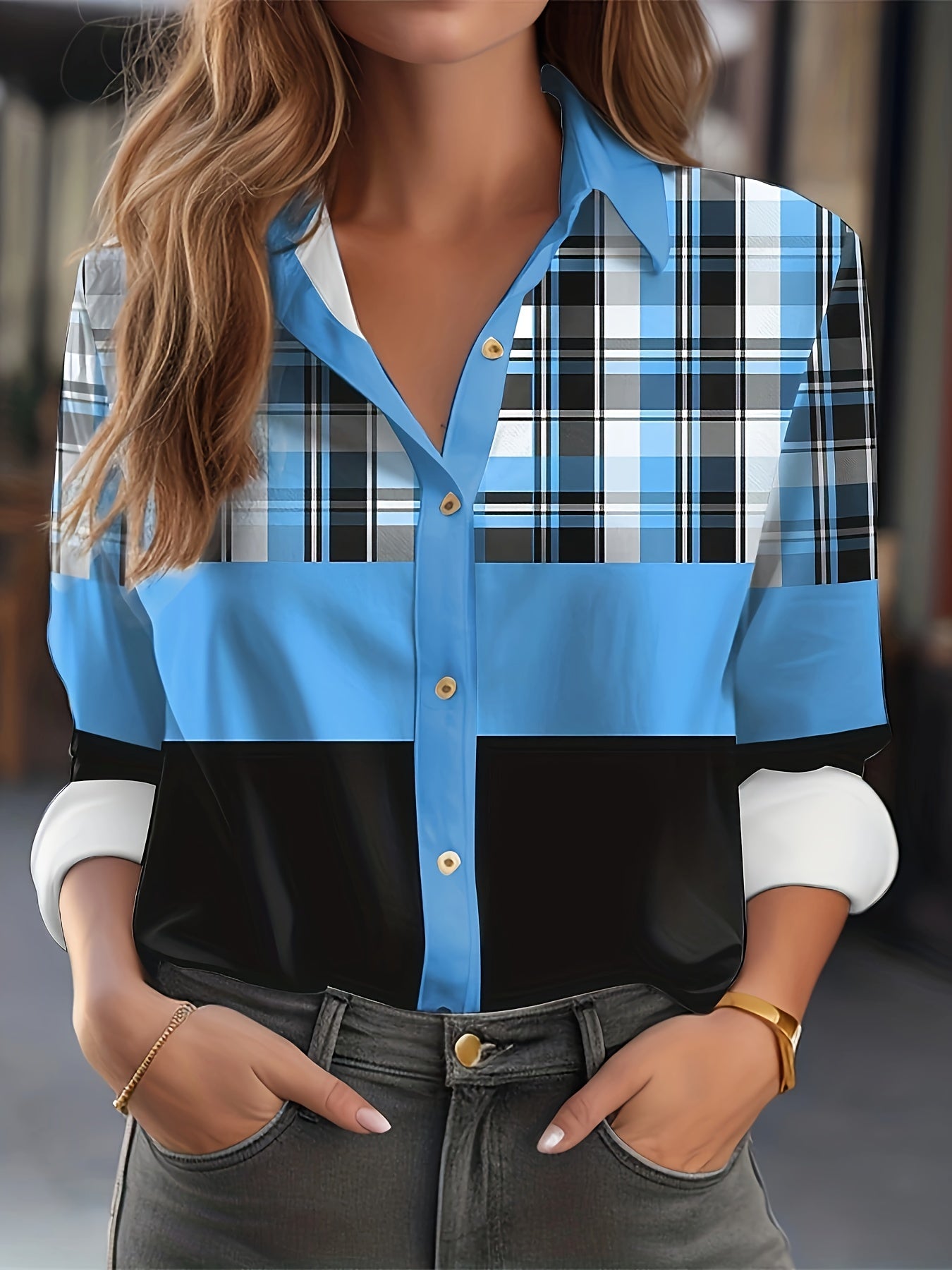 Colorblock Plaid Print Button Up Collar Shirt