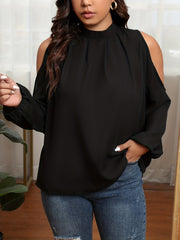 Women's Plus Solid Cold Shoulder Long Sleeve Mock Neck Top