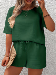 Waffle Knit Top & Drawstring Shorts 2PC Set