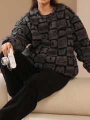 Letter Pattern Fuzzy Pajama Set Long Sleeve Crew Neck Top & Elastic Waistband