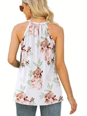 Floral Print Halter Neck Tank Top with Lace Detail
