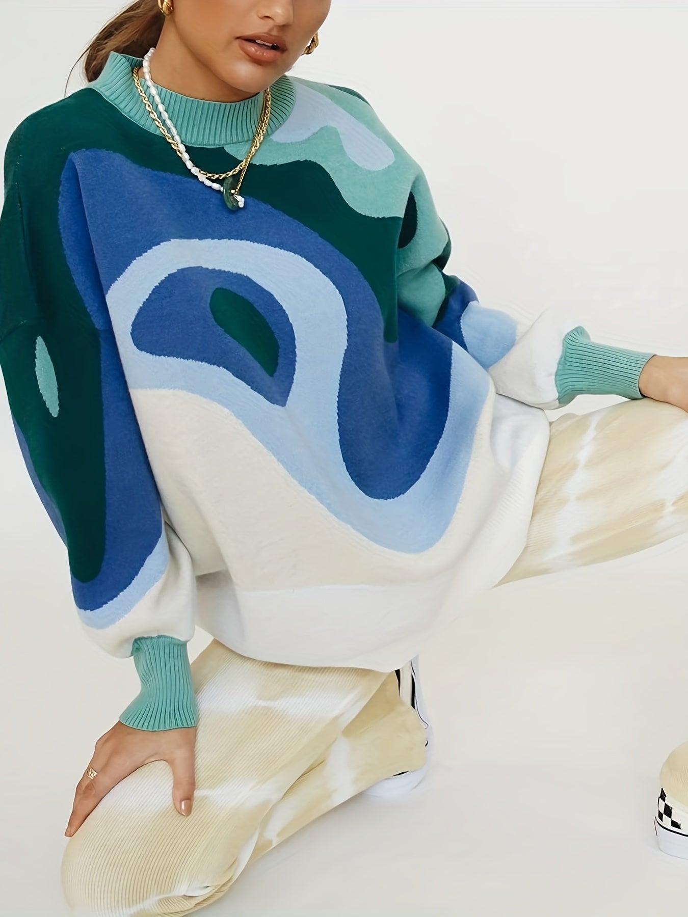 Abstract Print Long Sleeve Mock Neck Sweater