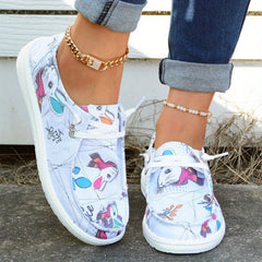 Women's Rabbit Print Loafers Lace Up Canvas Shoes