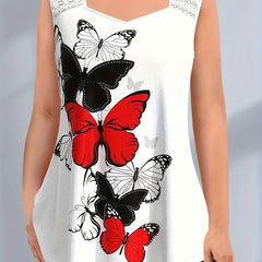 Butterfly Print Lace Tank Top Sweetheart Neck Medium Stretch