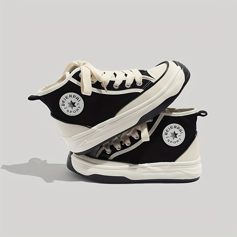 Colorblock Lace Up Canvas Shoes High Round Toe Non Slip Skate Shoes