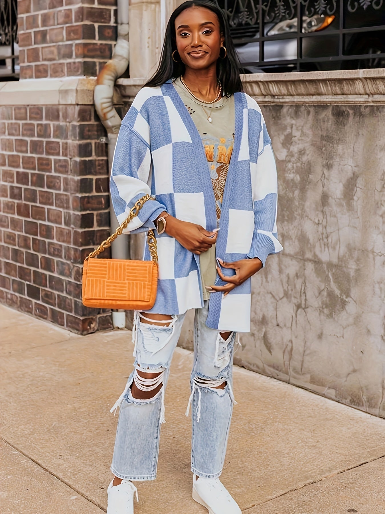 Checkerboard Print Cardigan Long Sleeve Open Front