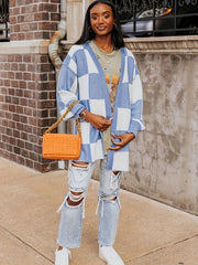 Checkerboard Print Cardigan Long Sleeve Open Front