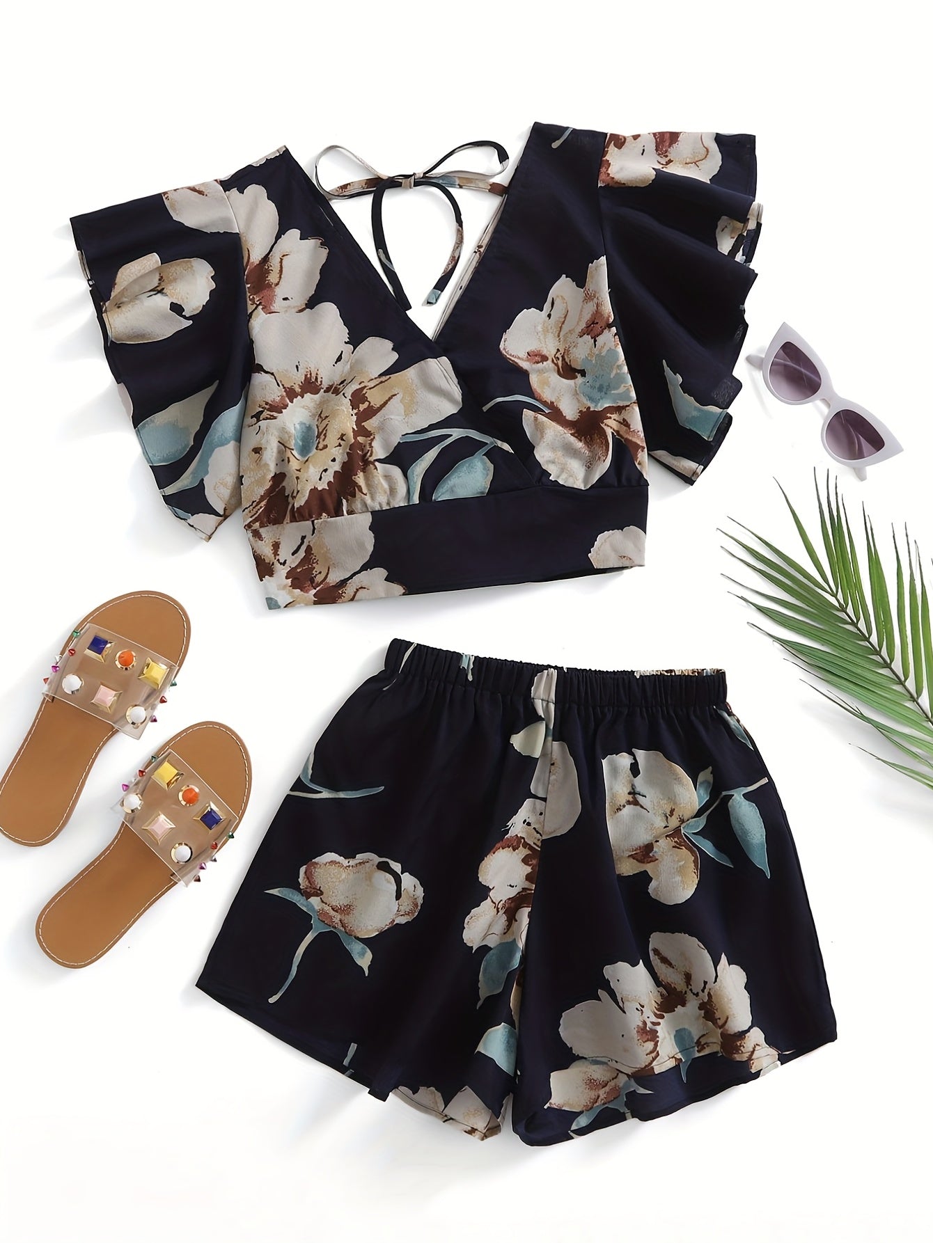 Vintage Floral Print 2pc Set V Neck Ruffle Trim Tops & Shorts Outfits