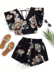 Vintage Floral Print 2pc Set V Neck Ruffle Trim Tops & Shorts Outfits